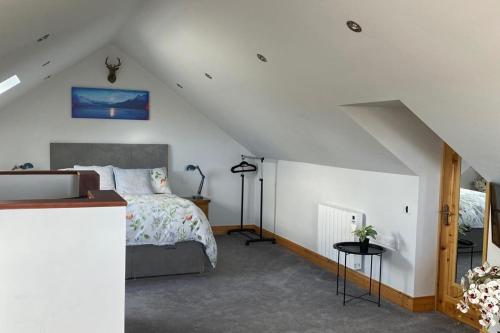 a bedroom with a bed in a attic at Studio Sleeps 2 -Private Hot Tub -Enclosed Garden in Killarney