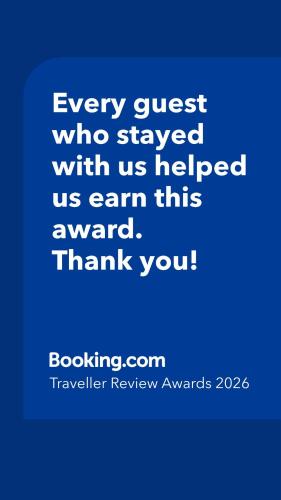 a blue picture with the words every guest who stayed with us helped us earn this at Full House Trikala Escape in Tríkala