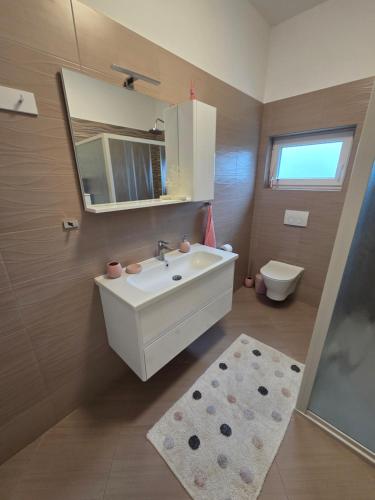 a bathroom with a sink and a mirror and a toilet at Apartment Mia 2 in Rab