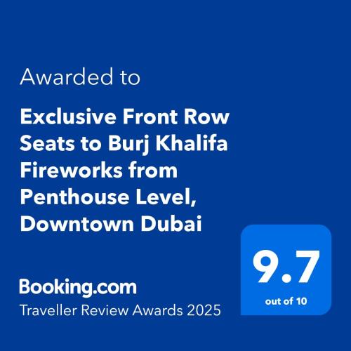 a screenshot of a phone with the text awarded to exclusive front row seats to but at Exclusive front row seats to Burj Khalifa fireworks from penthouse level, downtown Dubai in Dubai