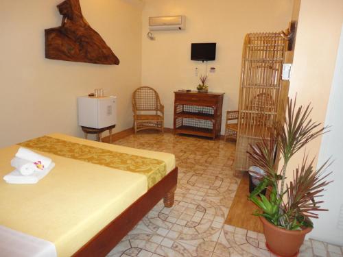 a room with a bed and a tv and a table at Deep Forest Garden Hotel in Puerto Princesa City