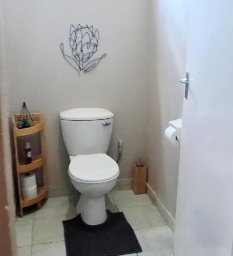 a bathroom with a white toilet with a black rug at Stille Uitsig Hazyview in Hazyview