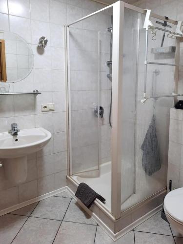 a bathroom with a shower and a sink at Haus Petra in Gleishorbach