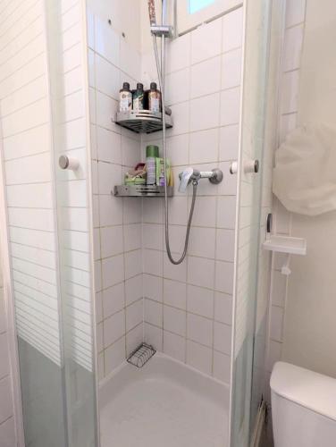 una doccia con una porta in vetro in un bagno di Beau studio confortable a Parigi