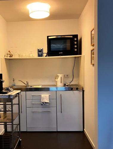 a kitchen with a sink and a microwave at Mosel-Studio-Apartment in Lieser