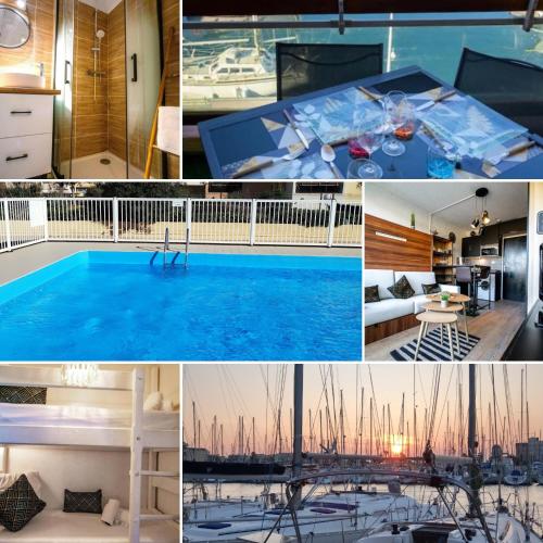 a collage of photos with a pool and a house at Merveilleuse Port - Piscine - Plage - Climatisation - Commerces in Gruissan