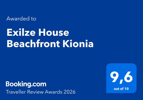 a blue sign with the text available to exclusive house benefit kotto at Exilze House Beachfront Kionia in Kionia