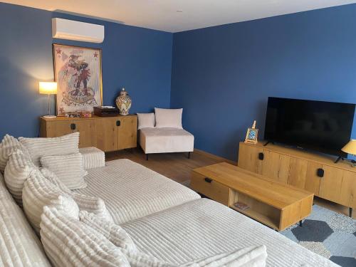 a living room with two beds and a flat screen tv at La Grange des Pépettes ! in Saint-Germain-des-Fossés