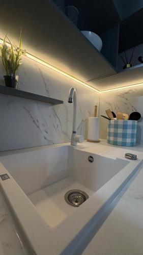 a kitchen sink with a faucet on a counter at Vamesu Frontiers - Luxury borders in Sibiu