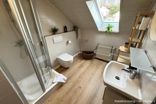 a bathroom with a shower and a toilet and a sink at Palatina Living in Fischbach