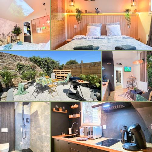 a collage of pictures of a bedroom and a kitchen at L'Évasion Tropicale, Queen Size, Jardin & Gare in Saint-Brieuc