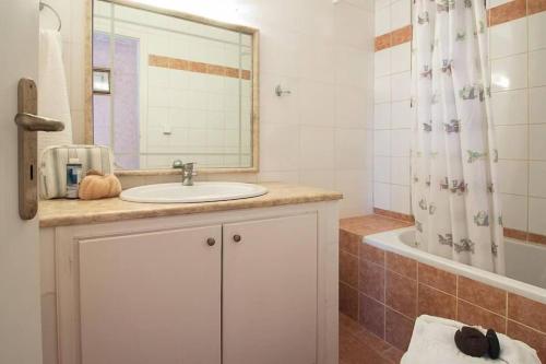 a bathroom with a sink and a shower curtain at Sarris Villa in Áyios Mámas