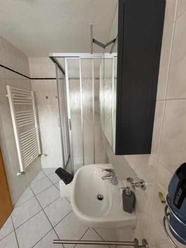 a white bathroom with a sink and a shower at An der Gärtnerei in Dömitz