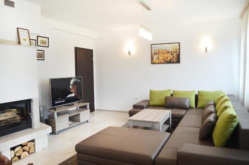 una sala de estar con un sofá y un televisor en Villa Borika, en Borika