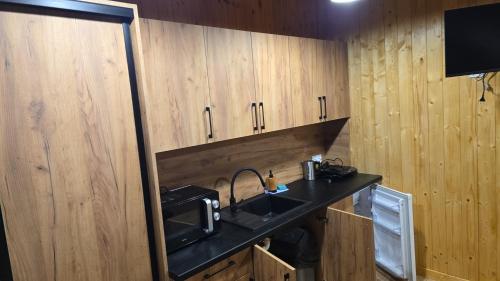 a kitchen with a sink and wooden cabinets at Camp Marina in Sulęcin