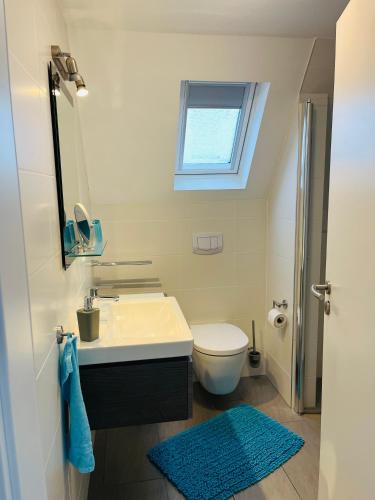a bathroom with a sink and a toilet and a window at Lieblingsplatz in Kappeln