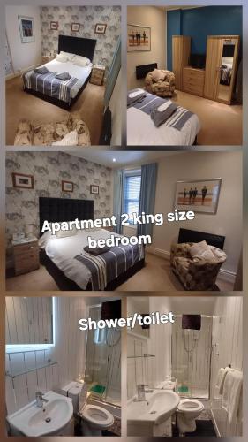 a collage of three pictures of a bedroom and bathroom at Morwenna Holiday Apartments in Llandudno