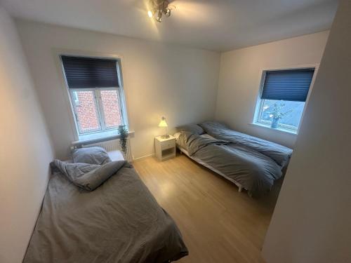 two beds in a room with two windows at Apartment in the center of Herning in Herning