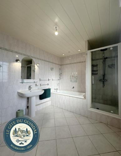 a bathroom with a sink and a shower and a tub at Le Gite Zoé in Bourbourg