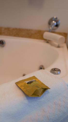 a yellow bag sitting on a bed next to a bath tub at Hotel Gramado Interlaken in Gramado