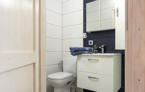 a white bathroom with a toilet and a blue towel at z widokiem na zalew in Sułomino
