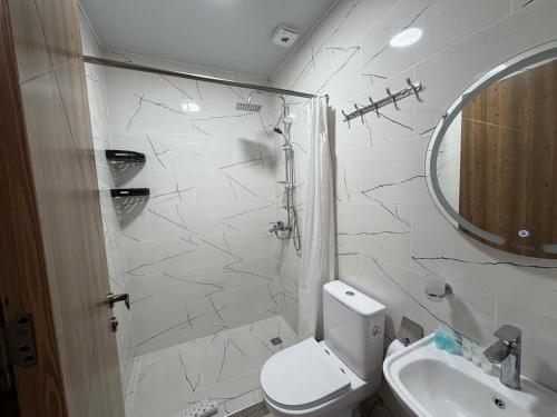 a bathroom with a toilet and a sink and a mirror at DeltaHotel in Ureki