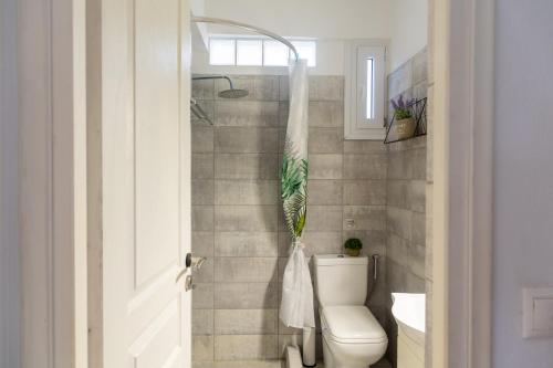 a bathroom with a white toilet and a shower at The litlle mermaid in Amaliapoli