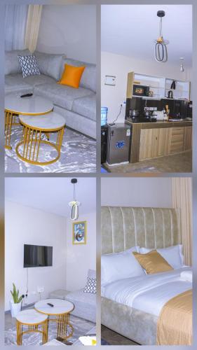 four different views of a living room and a bedroom at TanuStays - Modern 1 Bedroom at Royal Suburbs Tsavo, near TRM in Nairobi