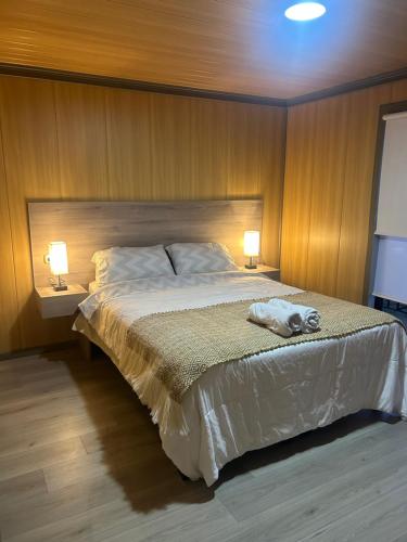 a bedroom with a large bed with two lamps at Cabaña del Llicanko in Achao