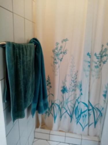 a bathroom with a shower curtain and a green towel at Hytten in Frøstrup