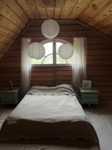 a bedroom with a bed in a attic with a window at Privatus namelis gamtoje greta Trakų in Daugirdiškės