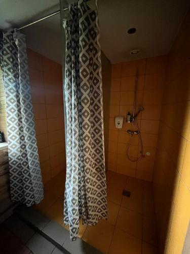 a shower in a bathroom with a shower curtain at Privatus namelis gamtoje greta Trakų in Daugirdiškės