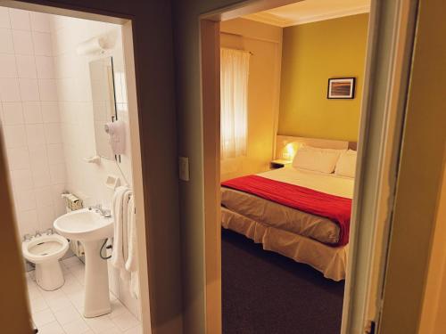 a bedroom with a bed and a sink and a toilet at Estepa Hotel in General Roca