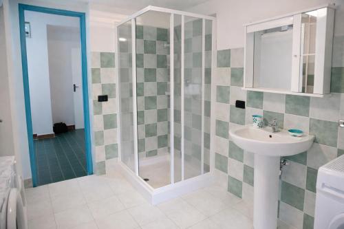 a bathroom with a shower and a sink at La Mansarda Navarrese in Santa Maria Navarrese