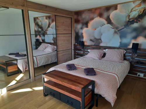 una camera da letto con due letti e uno specchio di Ecrin de Valdeblore a Valdeblore