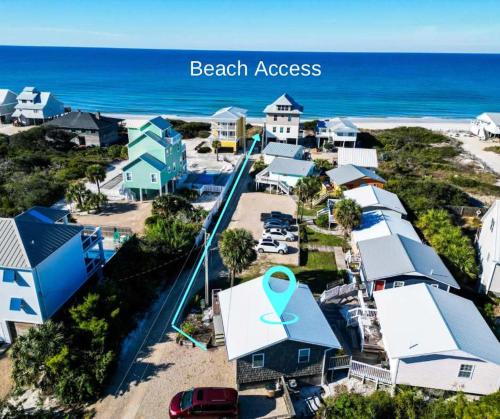 an aerial view of a beach house with a beach access at North Cape- Behing Trading Post - Pet Friendly in Cape San Blas