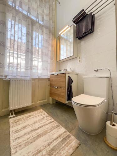 a bathroom with a toilet and a sink and a window at Frida Loft in Pécs