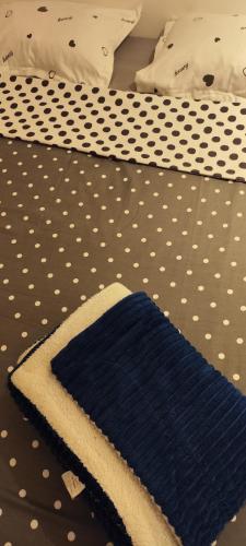 Eine blau-weiße Decke auf einem Bett mit Punkten in der Unterkunft Magic in Razvala