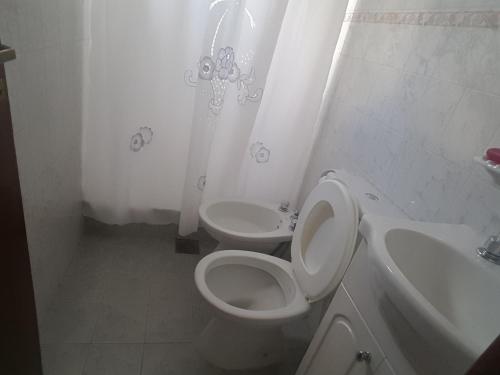 Apart Salta في سالتا: حمام ابيض مع مرحاض ومغسلة