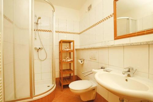 a bathroom with a toilet and a sink and a shower at B&B Kaiserstube in Flachau