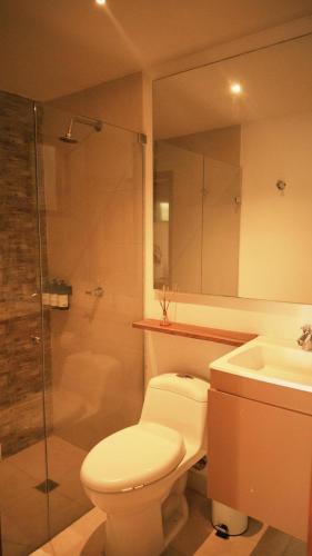 a bathroom with a toilet and a sink and a shower at Hotel Jardin Boutique rodadero in Santa Marta