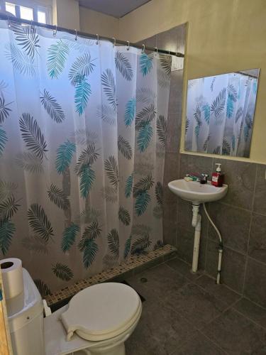 a bathroom with a shower curtain with a toilet and a sink at Honey Beach House in La Esmeralda