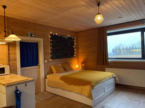 a bedroom with a bed and a large window at Hanami - studio in Zwalm