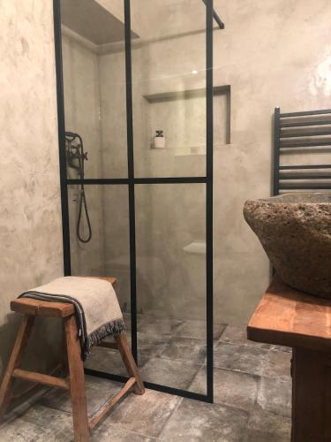 a shower with a glass door in a bathroom at Chalupa Svratouch in Svratouch