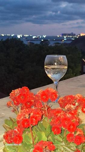 a glass of water sitting on a table with red flowers at Blue Mosque Suites 2 - Old City Sultanahmet in Istanbul