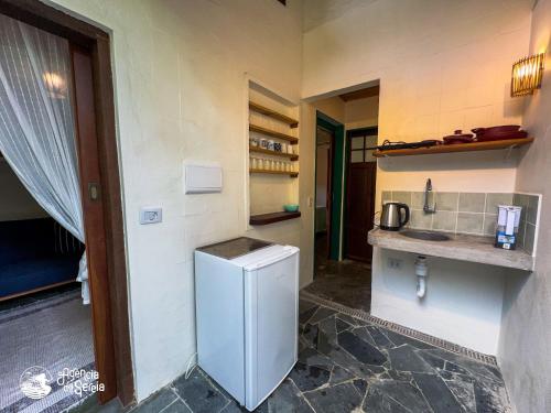 a kitchen with a small refrigerator and a counter at Chalés Canoa in Ilhabela