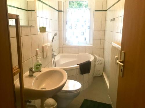 a bathroom with a sink and a toilet and a tub at Ferienwohnung Keilbergblick in Kurort Oberwiesenthal