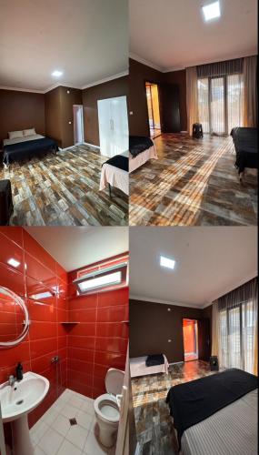 three pictures of a hotel room with red walls at Blue wave in Itʼkhvisi