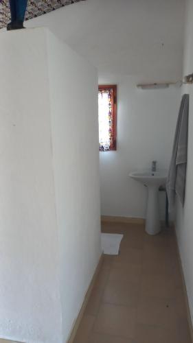 ein weißes Badezimmer mit Waschbecken und Fenster in der Unterkunft escaledeslacs in St. Louis