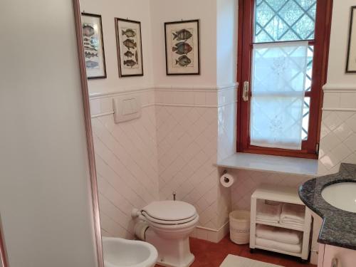 a bathroom with a toilet and a sink and a window at L'Alcova tra gli ulivi in Zoagli